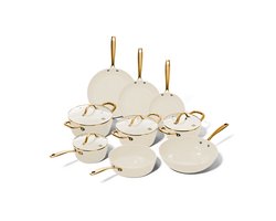 Cook & Pan Vanilla Pannenset 9-delig PFAS vrij - Beige met Gouden Handgrepen - Alle Warmtebronnen - Krasbestendige Anti Aanbaklaag - Vaatwasserbestendig - Gas, Inductie, Elektrisch, Oven - Pannen set - Koekenpan, Wokpan, Steelpan, Hapjespan, Kookpot