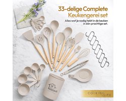 Cooking Life Siliconen Keukengerei Set Taupe met Houder - 33-Delig Kookgerei Set - BPA-Vrij - Hittebestendig - Vaatwasserbestendig