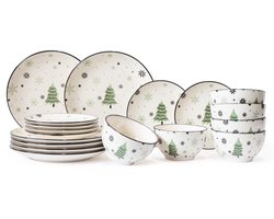 Cookinglife 18-Delig Serviesset Kerstservies - Wit Met Groene Kerstboomdetails - Dinnerware Set - Aardewerk Vaatwasserbestendig - 6 Personen