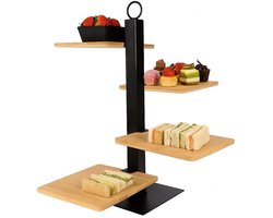 Cookinglife Etagere 4 Laags / Serveertoren + Schaaltje (5x5x4cm) - 4 Plankjes van 15 x 15 cm - Zwart Metaal / Bruin Hout - Industrieel - Voor High Tea & Tapas - Inclusief Sausschaaltje - Hapjesplateau - Modern Design - Verticale Borrelplank