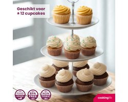 Cookinglife Etagère / Serveertoren Food for Fun – Ø 16, 21 & 26 cm – 3-Laags – 34 cm Hoog – Wit Metalen Frame met Ronde Plates – Ideaal voor High Tea, Gebak en Hapjes – Eenvoudig Demontabel en Decoratief