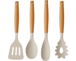 Cookinglife Keukengerei set - Kookgerei set - Hout beige 4-delig - Bakspaan, opscheplepel, saladelepel & spaghettilepel - Houten handvatten - Siliconen koppen - 310-315 mm - Keukengerei - Koken en serveren