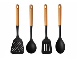 Cookinglife Keukengerei set - Kookgerei set - hout zwart 4 delig - Schuimspaan, soeplepel, bakspaan & opscheplepel