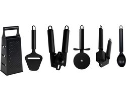 Cookinglife Keukengerei Set Zwart - 6-delig - Torenrasp, Knoflookpers, Blikopener, Pizzasnijder, Kaasschaaf & IJschep