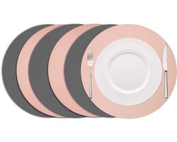 Cookinglife Placemats - Dubbelzijdig Lederlook - Vegan Leer Onderleggers - Set van 6 - Grijs/Roze - Makkelijk Schoon Te Maken, Ø 38 cm