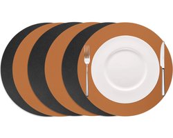 Cookinglife Placemats - Set van 6 - Dubbelzijdig - Ronde Lederlook Onderleggers - Vegan leer - Zwart/Cognac - Ø38 cm