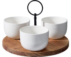 Cookinglife Serveerset 4-delig - Tapasset - Acaciahout & Porselein - Bruin/Wit - Porseleinen Schaaltjes Vaatwasserbestendig, Ø 19 cm, 3x Ø 8 cm