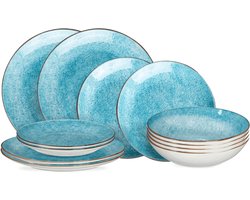 Cookinglife Serviesset Tela Blauw 12-delig - Servies Set 4 Personen - Modern Design Porselein - Vaatwasser- & Magnetronbestendig