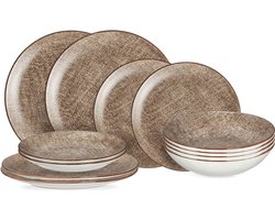 Cookinglife Serviesset Tela Bruin 12-delig - Servies Set 4 Personen - Modern Design Porselein - Vaatwasser- & Magnetronbestendig