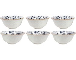 Cookinglife Soepkommen Fleuris - Set Van 6 Kommen - Soup Bowl - Aardewerk Wit/Blauw - Vaatwasserbestendig & Magnetronbestendig - 16 cm