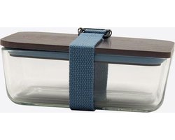 Cookut lunchbox uit glas; bamboe deksel en riem lichtblauw 20x12x8cm