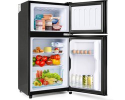 Cool en vriezercombinatie, 86,8 cm hoog, 45,5 cm breed, dubbele deur, met een totaal van 60 liter, 22 liter vriezervolume, 38 liter koelvolume. 102 kWh/jaar, LED -licht. Premium zwart [energieklasse e]