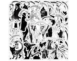 Coole Sticker pack met Magere Hein - 50 stuks - Zwart/Wit - Stickers leuk voor Halloween - De Dood met Zeis/Zwart Kat