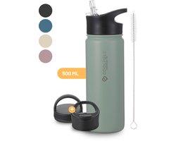 CoolFule Drinkfles - Mintgroen - Waterfles met Rietje - RVS Drinkfles - 500 ml - BPA-vrij - Dubbelwandig