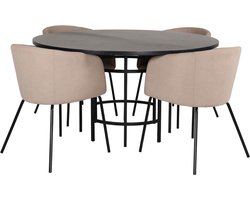Copenhagen eethoek eetkamertafel bruin en 4 Berit eetkamerstal beige.