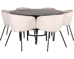 Copenhagen eethoek eetkamertafel bruin en 6 Berit eetkamerstal velours beige.