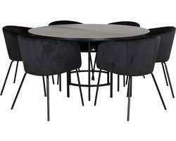 Copenhagen eethoek eetkamertafel bruin en 6 Berit eetkamerstal velours zwart.