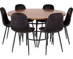 Copenhagen eethoek eetkamertafel bruin en 6 Polar eetkamerstal velours zwart.