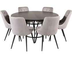 Copenhagen eethoek eetkamertafel bruin en 6 Velvet Deluxe eetkamerstal velours lichtgrijs.