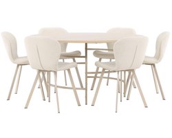 Copenhagen eethoek tafel Ø140cm en 6 stoelen whitewash, beige.