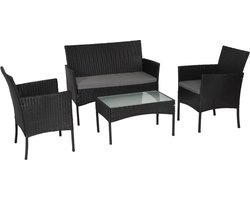 CORDOUE tuinmeubelset in zwart gevlochten kunststof 4 zitplaatsen - grijze kussens