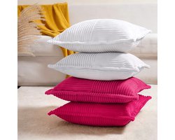 Corduroy kussenhoezen set van 4 vierkante patchwork decoratieve zachte kussenhoezen voor huisdecoratie, bank, slaapkamer, crèmekleurig,Wit + Perzikroze,45*45cm