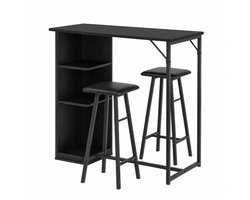 CORE Bartafel met 2 Barkrukken - Bartafelset - Houten Tafelblad met Metalen Frame - Gestoffeerde Barkrukken - Inclusief 3 Opbergplanken - Scandinavisch Design - Hoge Eettafel voor Keuken Woonkamer Appartement en Bar - 91.5x50x90cm - Zwart