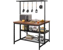 CORE Keukeneiland - 107 cm Keukenkast met Opbergruimte en Zitplaatsen - 3-Laags Bakkersrek - Magnetronstandaard met 5 Haken - Multifunctionele Eilandtafel - Ruime Opbergkast met Industrieel Design - 105.5x71x180cm - Houtlook/Zwart