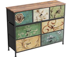 CORE Ladekast met 7 Laden - Boheemse Kaptafel Organizer met Houten Bovenblad - Stoffen Ladenkast met Stevig Metalen Frame - Multifunctionele Opbergkast - Compact Dressoir voor Kleding - 100x30x78cm - Houtlook met zwart frame en gekleurde lades