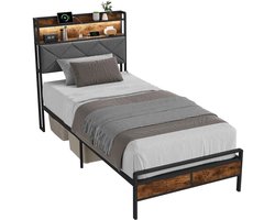 CORE Metalen Bed - Eenpersoonsbed met LED Verlichting - Kinderbed en Jeugdbed met Opberghoofdbord - Stevige Metalen Lattenbodem - Modern Bedframe voor Volwassenen, Tieners en Kinderen - 90x200x108cm - Zwart
