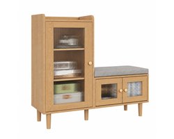 CORE Schoenenkast met Bankje - Schoenenopberger met Geribbelde Glazen Deuren - Vrijstaande Schoenenkast - Inclusief 3 Verstelbare Planken, Metalen Handgrepen en Poten - Comfortabele Zitbank voor Schoenen Aantrekken - 100x35x82.5cm - Natuurlijk Hout