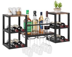 CORE Wandrek - Wijnrek - Flessenhouder - Wandwijnrek - Flessenrek voor 8 flessen - Glazenhouder voor 9 glazen - Hout en metaal - 90x25x40cm - Rustiek bruin