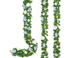 Cosensi - Kunstrozenslinger 30,5 meter - Set van 2 - Namaak Blauweregen en Wijnrood - Hangende Planten voor Bruiloft, Tafel en Tuin - Wit en Blauw Themapunt