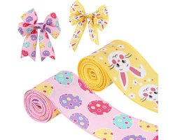 Cosensi - Pasen lint voor decoratie, inpakken en kransen maken met gekleurde eieren en gele konijnen - 2 rollen van 6,4cmx5yard