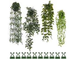 Cosensi - Set van 4 kunstplanten met potten en 10 plantenclips - Hangende groene planten voor binnen en buiten - Decoratie voor tuin en wand - Plastic planten