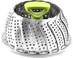 Cosensi - Stoompan van roestvrij staal met uittrekbare handgreep, anti-heet en antislip poten - Opvouwbaar stoominzet voor veganistisch koken (bladvorm)