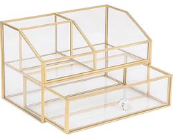 Cosmetic Organiser met Lade - Gouden Vintage Make-up Tafel - Metaal Glas Opbergdoos