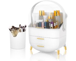 Cosmetica Organizer Make-up Opbergdoos Met 3 Lades En Kwastenhouder Stof- En Waterbestendig Ideaal Voor Make-up Tafel En Badkamer Wit