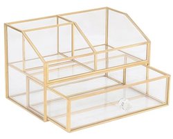 Cosmetica-organizer met schuiflade - Goudkleurig vintage make-uptafel opbergbox van metaal en glas - Stijlvolle badkameraccessoire make up tafel