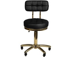 Cosmetische Kruk AM-961 Zwart Goud met Rugleuning – Verstelbare Salonkruk op Wielen – Luxe Beauty Kruk voor Schoonheidssalon, Pedicure & Beautystudio