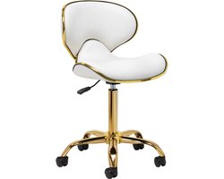 Cosmetische Kruk Gabbiano Q-4599 Wit Goud – Met Rugleuning – Verstelbare Zithoogte – Op Wielen – Luxe Salonkruk