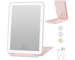 Cosmetische spiegel met verlichting, oplaadbare, draagbare reisspiegel met verlichting, 3-kleurige verlichting, reisspiegel, dimbaar touchscreen, opvouwbare make-upspiegel met licht (roze)