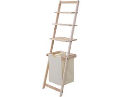 Cosmo Cas Leiterrek - Rek voor wasgoed met wasmand - Houten rek voor wasverzameling - Badrek - Traprek - Dennehout 152x41x35 cm 39l