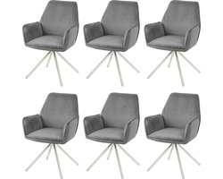 Cosmo Casa - 6-delige Eetkamerstoel Set, Keukenstoel met Armleuningen, Draaiauto-Positie, Fluweel MVG - Donkergrijs, RVS