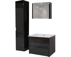 Cosmo Casa - Badkamer Set - Wastafel Kast met Spiegel en Hangkast - Glanzend - Zwart