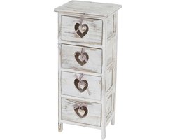 Cosmo Casa Forli Ladenkast - 4 Laden met Hartjes - Shabby Look - Vintage Design - Wit - 70x29x25cm