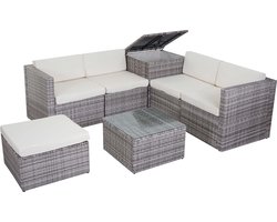 Cosmo Casa Poly Rattan Set - Balkon/Tuin/Lounge - Set Sofa - Zitgroep - Opbergdoos - Compartiment - Grijs - Kussen Crème