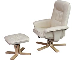 Cosmo Casa - Relaxstoel - TV Stoel met Ottoman - Kunstleer - Eucalyptus Hout - Crème