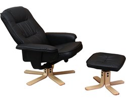 Cosmo Casa - Relaxstoel - TV Stoel met Ottoman - Kunstleer - Eucalyptus Hout - Zwart