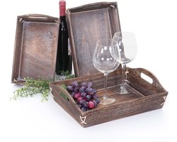 Cosmo Casa Set van 3 dienbladen - Serveerblad - Houten dienblad - Ontbijtdienblad - Decoratief dienblad - Vintage met een verweerde uitstraling - Bruin - Shabby